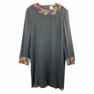 Vintage Maison Magique Beaded Long Sleeve Black Shift Dress Sz XL